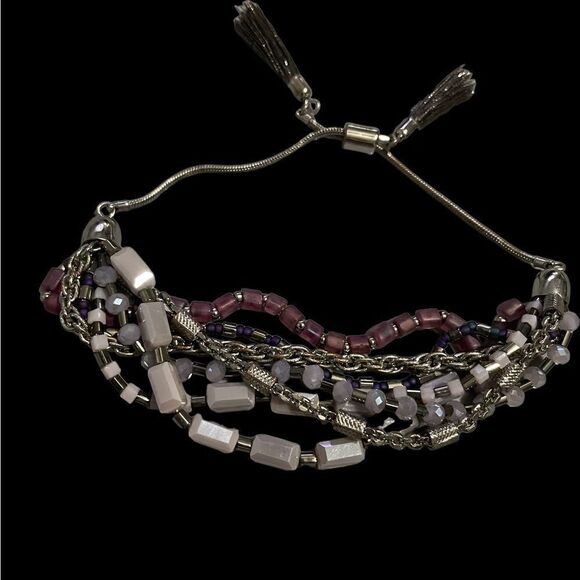 NEW Multi Strand Silver Tone Purple Slide Bracelet with Silver Gray Tassels - Picture 2 of 6